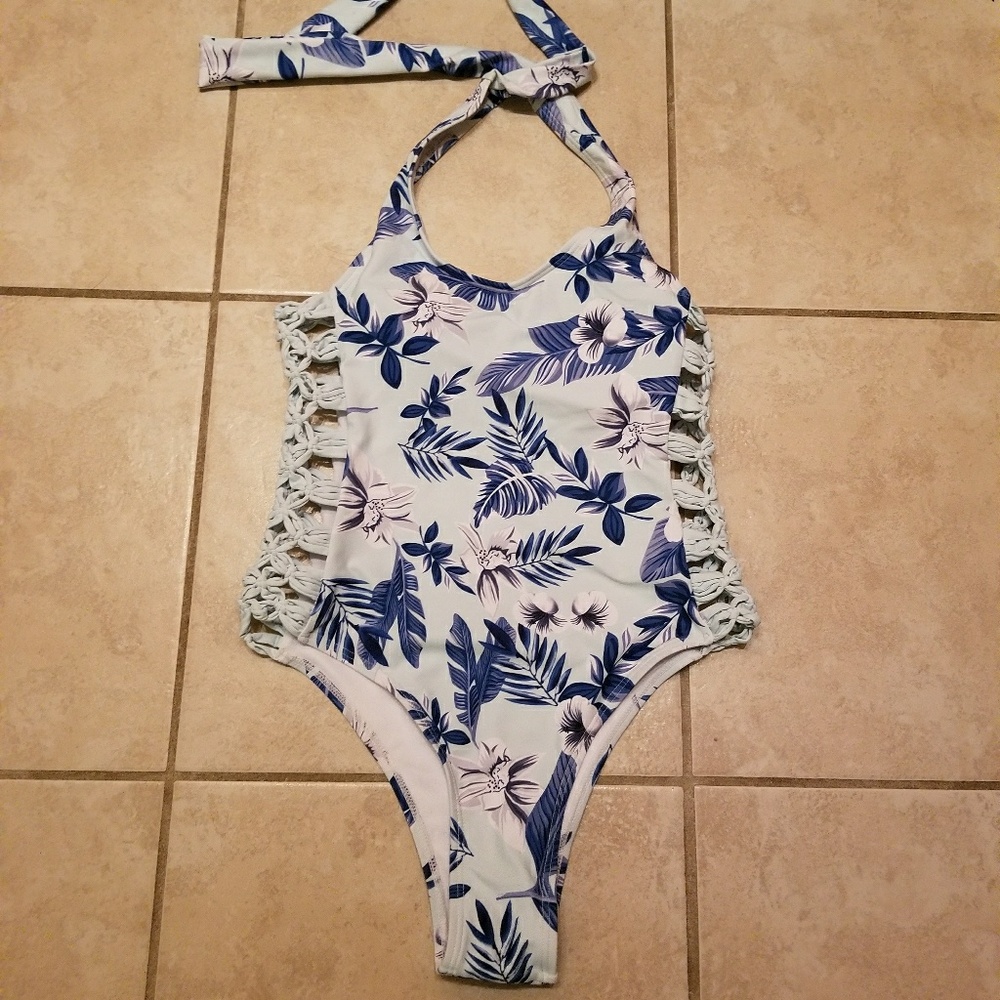 Camilla Blue and White Floral Halter One-Piece Swimsuit